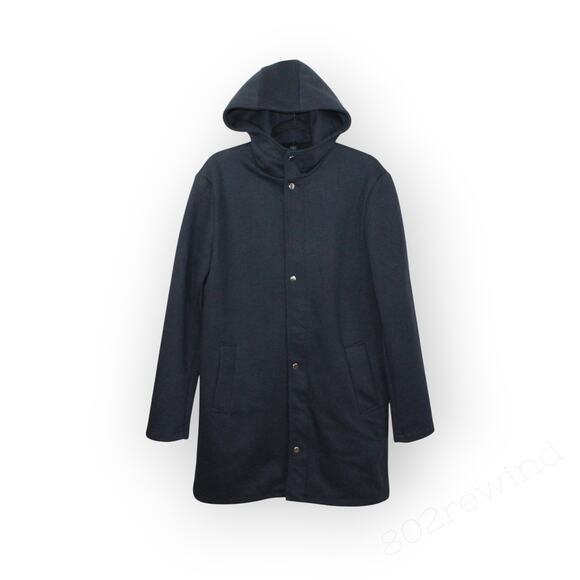 Large Zara Man Duffel Overcoat Navy Blue Poly-Cotton Weave Zip Snap Hood - Picture 13 of 14